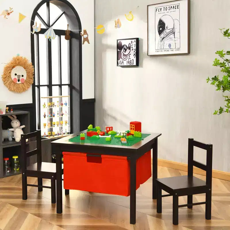 Table d'activités et 2 chaises 2-en-1 Costway pour enfants avec rangement et plateau de construction de blocs