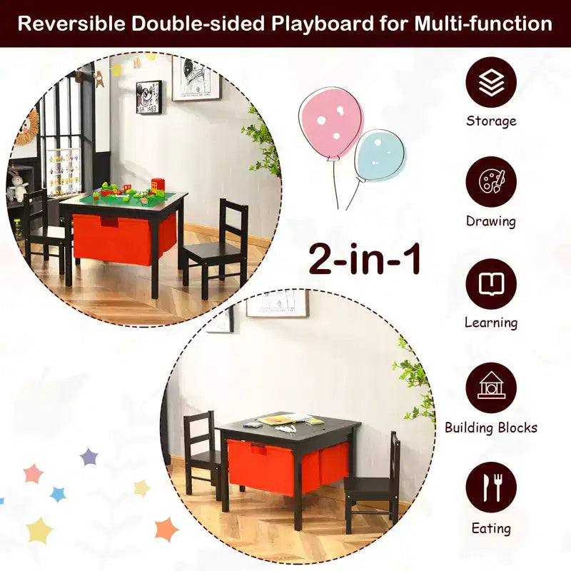 Table d'activités et 2 chaises 2-en-1 Costway pour enfants avec rangement et plateau de construction de blocs