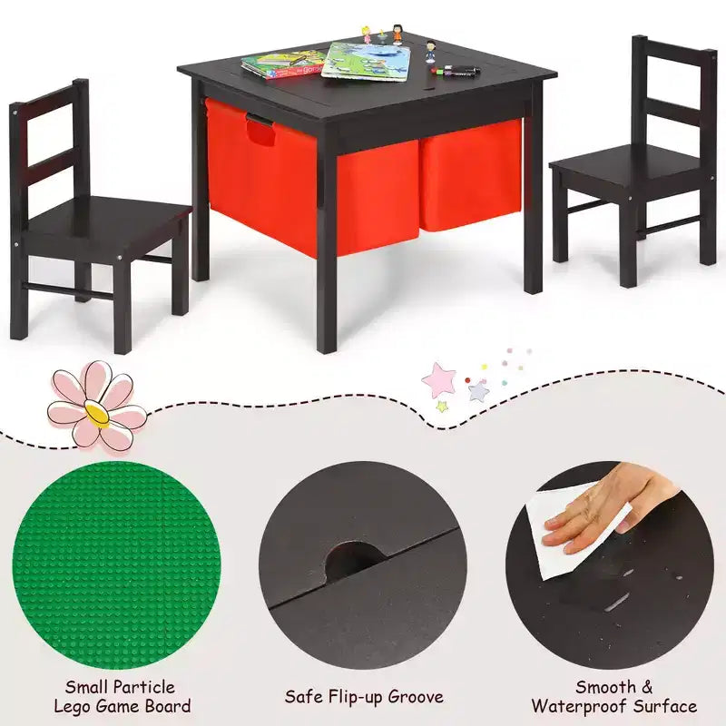 Table d'activités et 2 chaises 2-en-1 Costway pour enfants avec rangement et plateau de construction de blocs