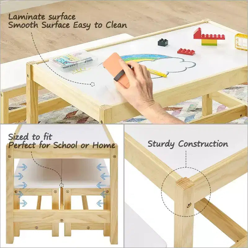 MUSEHOMEINC Table et bancs d'activités 3 en 1 en bois massif pour enfants et tout-petits, avec surface tableau blanc pour salle de jeux et école