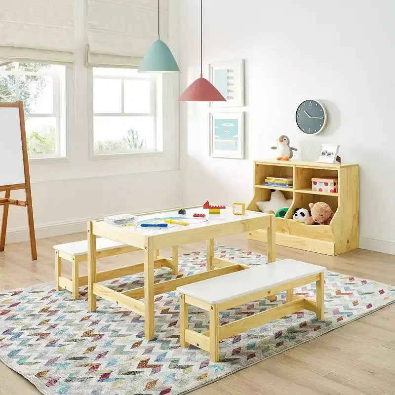 MUSEHOMEINC Table et bancs d'activités 3 en 1 en bois massif pour enfants et tout-petits, avec surface tableau blanc pour salle de jeux et école
