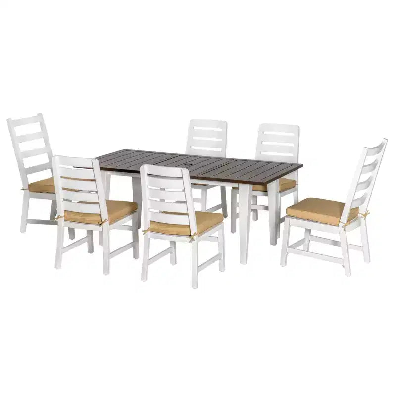 Outsunny Ensemble de salle à manger de patio pour 6 personnes, ensemble de meubles d'extérieur avec table et chaises, coussins, trou pour parasol pour jardin, cour ou piscine, beige