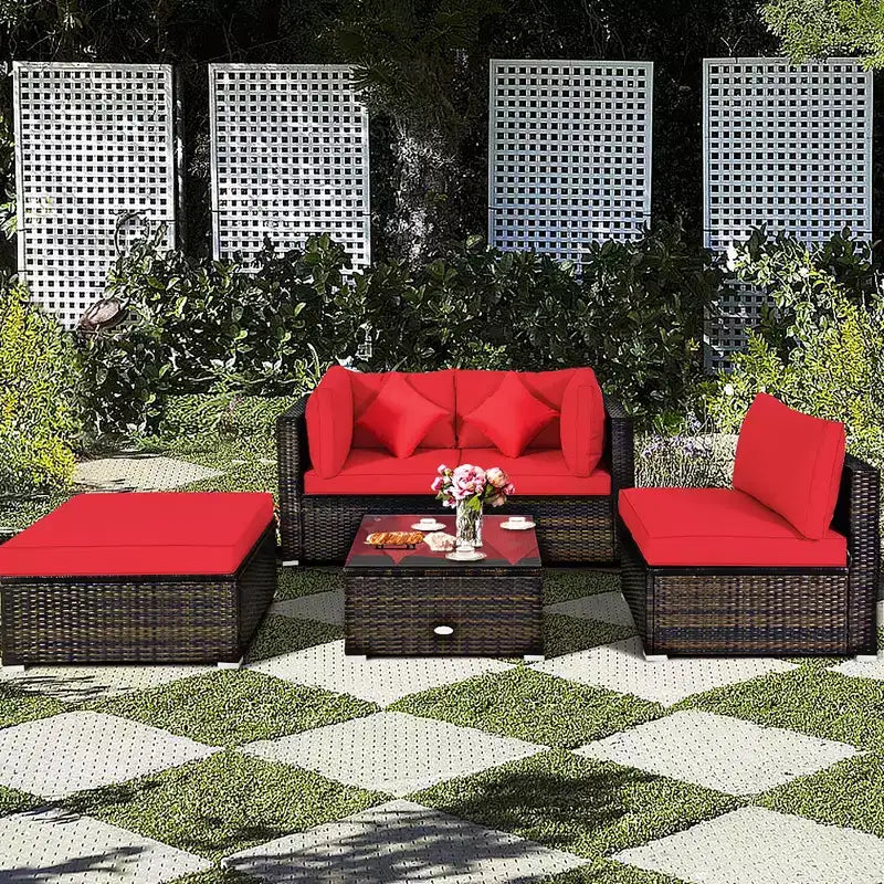 Costway 5PCS Patio Rattan Furniture Set Sectional Conversation Set W/Red Cushions
