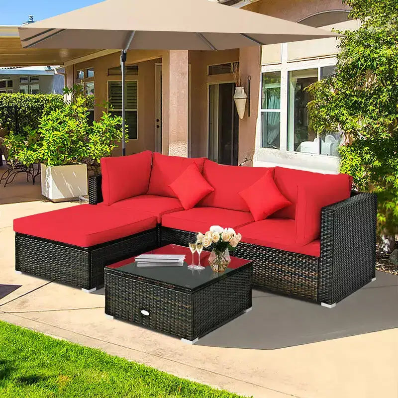 Costway Ensemble de Meubles de Jardin en Rotin 5 Pièces, Salon de Conversation Modulable avec Coussins Rouges