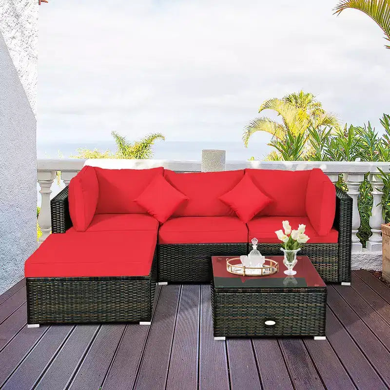 Costway Ensemble de Meubles de Jardin en Rotin 5 Pièces, Salon de Conversation Modulable avec Coussins Rouges