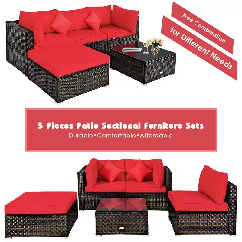 Costway Ensemble de Meubles de Jardin en Rotin 5 Pièces, Salon de Conversation Modulable avec Coussins Rouges