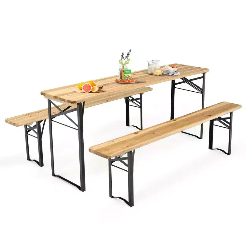 Costway Ensemble Table et Bancs Pliants en Bois 3 Pièces pour Pique-nique, Jardin, Terrasse
