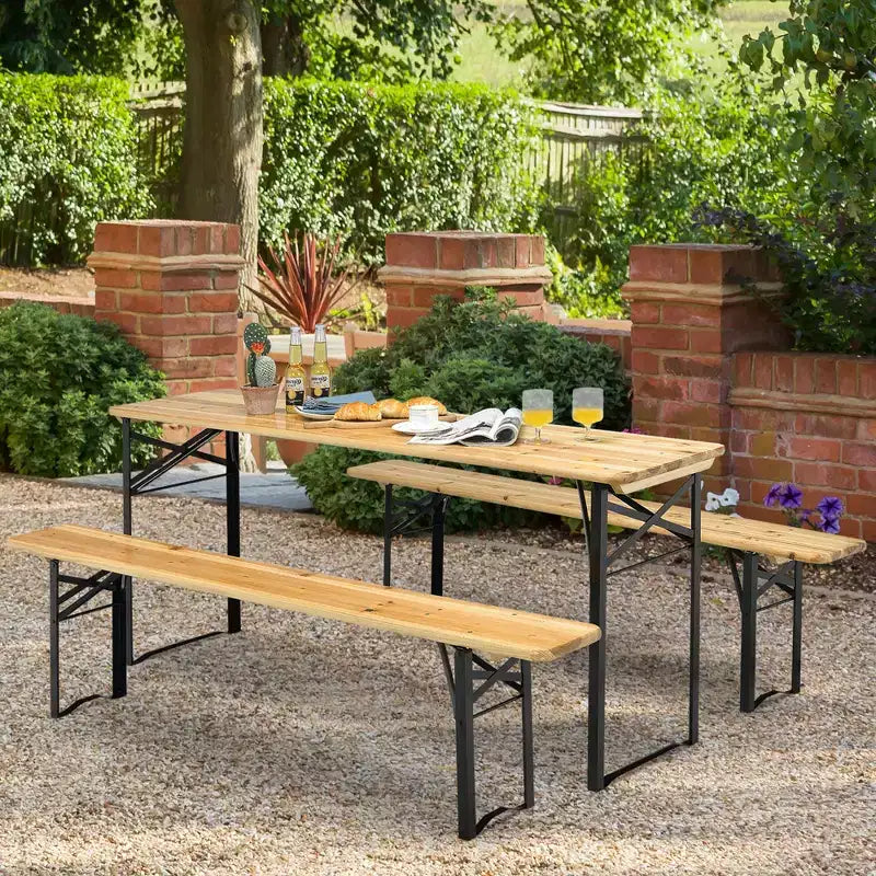 Costway Ensemble Table et Bancs Pliants en Bois 3 Pièces pour Pique-nique, Jardin, Terrasse