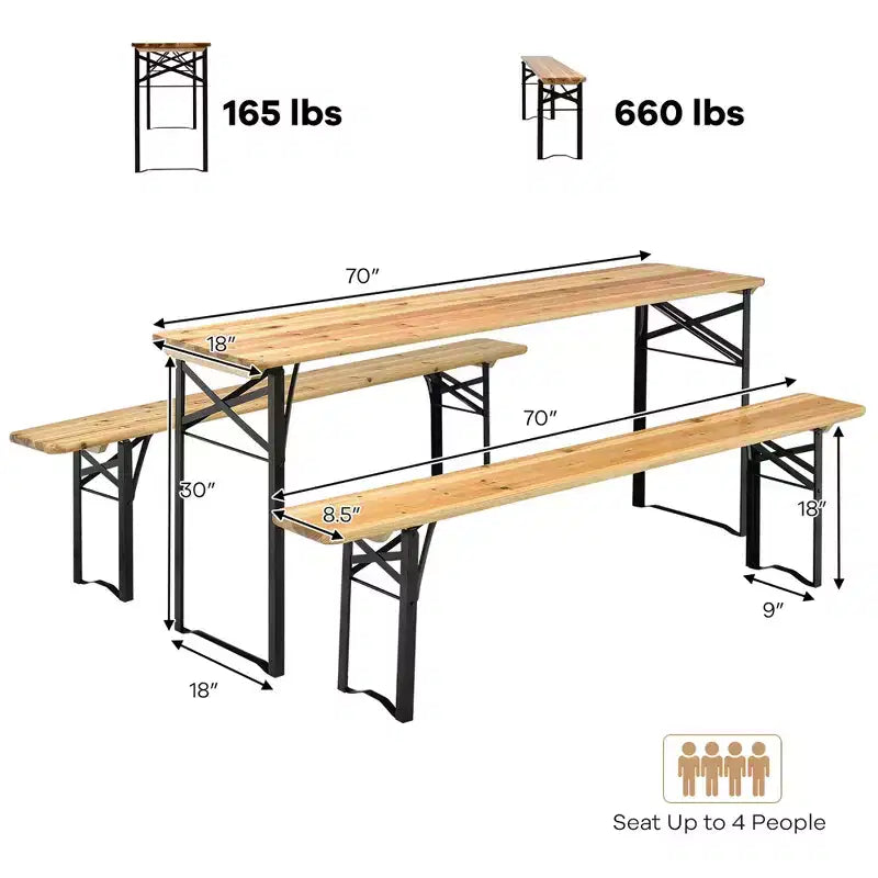 Costway Ensemble Table et Bancs Pliants en Bois 3 Pièces pour Pique-nique, Jardin, Terrasse