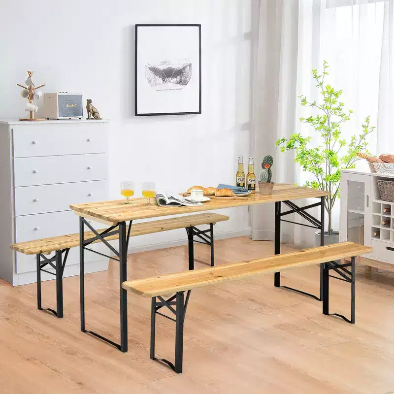 Costway Ensemble Table et Bancs Pliants en Bois 3 Pièces pour Pique-nique, Jardin, Terrasse
