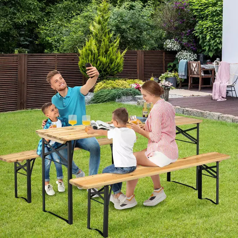 Costway Ensemble Table et Bancs Pliants en Bois 3 Pièces pour Pique-nique, Jardin, Terrasse