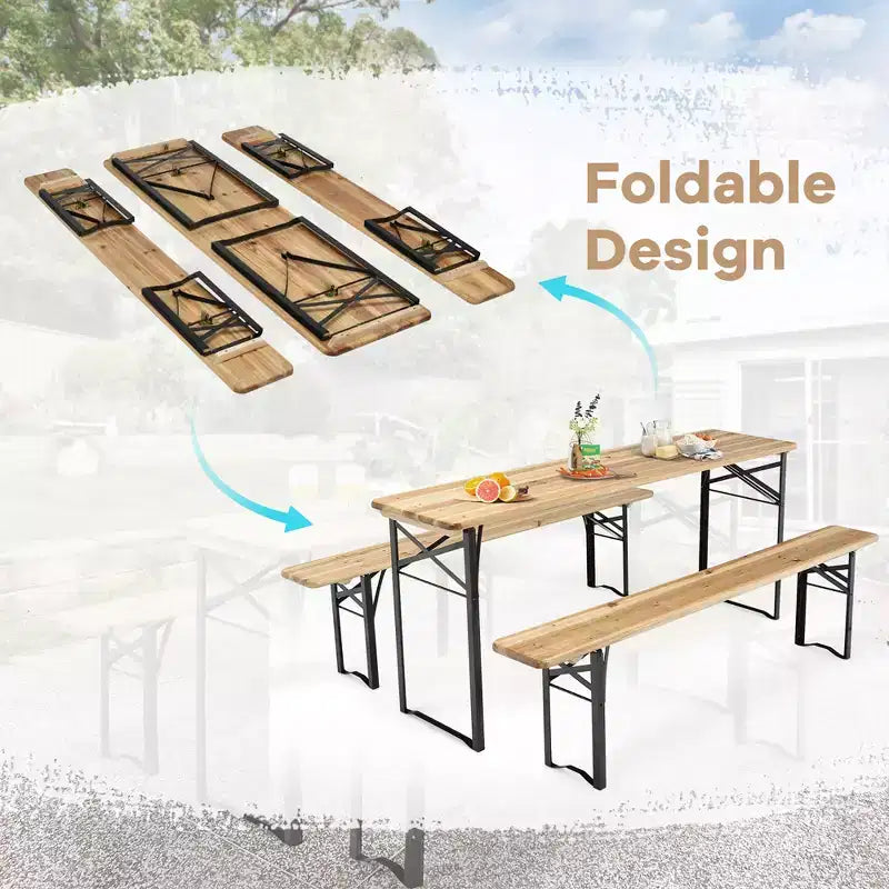 Costway Ensemble Table et Bancs Pliants en Bois 3 Pièces pour Pique-nique, Jardin, Terrasse
