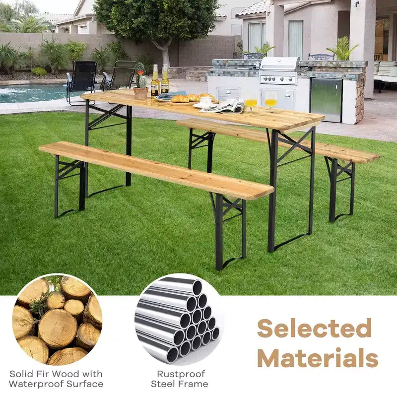 Costway Ensemble Table et Bancs Pliants en Bois 3 Pièces pour Pique-nique, Jardin, Terrasse