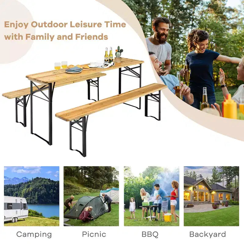 Costway Ensemble Table et Bancs Pliants en Bois 3 Pièces pour Pique-nique, Jardin, Terrasse