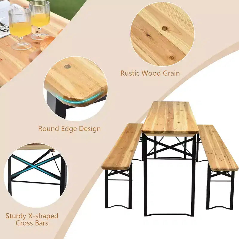 Costway Ensemble Table et Bancs Pliants en Bois 3 Pièces pour Pique-nique, Jardin, Terrasse