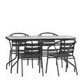 Emma and Oliver 5 Piece Patio Table & Chairs Set with 31.5x55 Rectangular Metal Table with Tempered Glass Top and 4 Black Aluminum Stacking Chairs