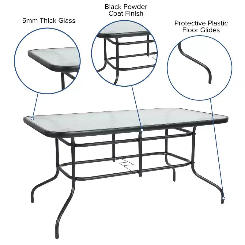 Ensemble table et 4 chaises de patio 5 pièces Emma et Oliver avec table rectangulaire en métal 80x140 cm avec plateau en verre trempé et 4 chaises empilables en aluminium noir