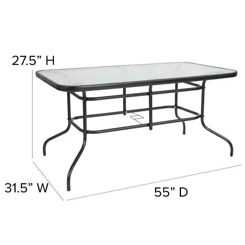 Ensemble table et 4 chaises de patio 5 pièces Emma et Oliver avec table rectangulaire en métal 80x140 cm avec plateau en verre trempé et 4 chaises empilables en aluminium noir