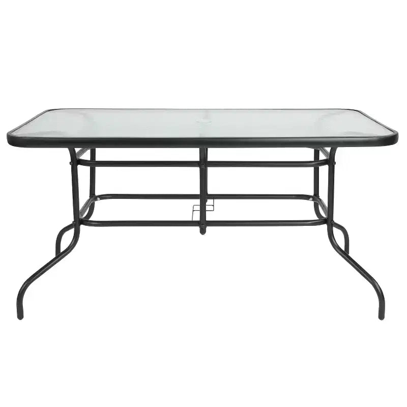 Ensemble table et 4 chaises de patio 5 pièces Emma et Oliver avec table rectangulaire en métal 80x140 cm avec plateau en verre trempé et 4 chaises empilables en aluminium noir