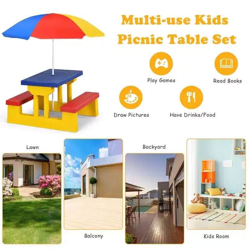 Costway Table de pique-nique pour enfants avec parasol amovible, pour l'intérieur et l'extérieur, jardin et terrasse.