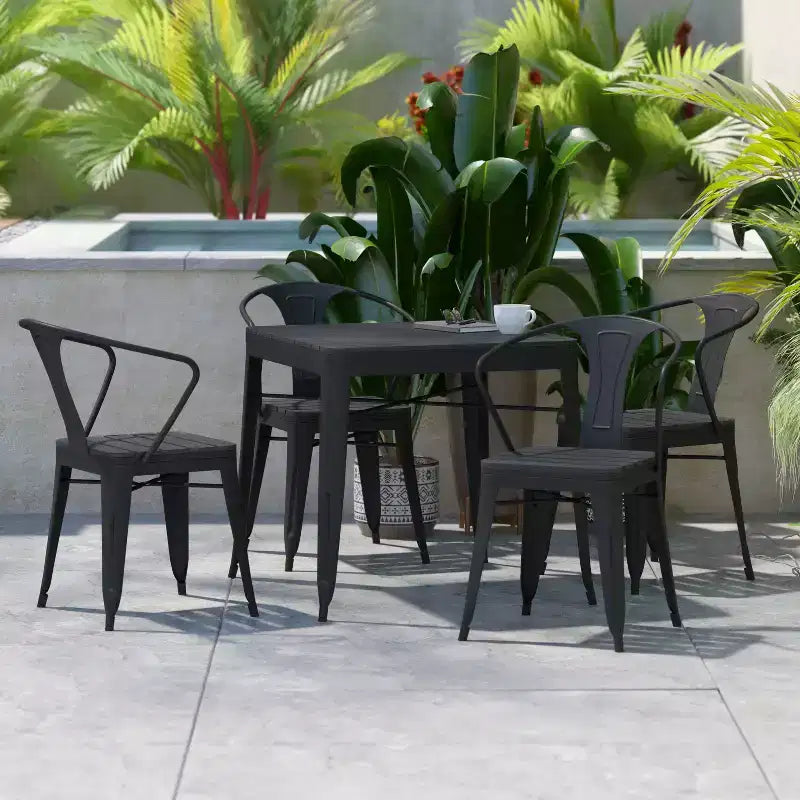 Flash Furniture Table carrée en résine toutes saisons et 4 chaises en métal avec assise en résine-noir