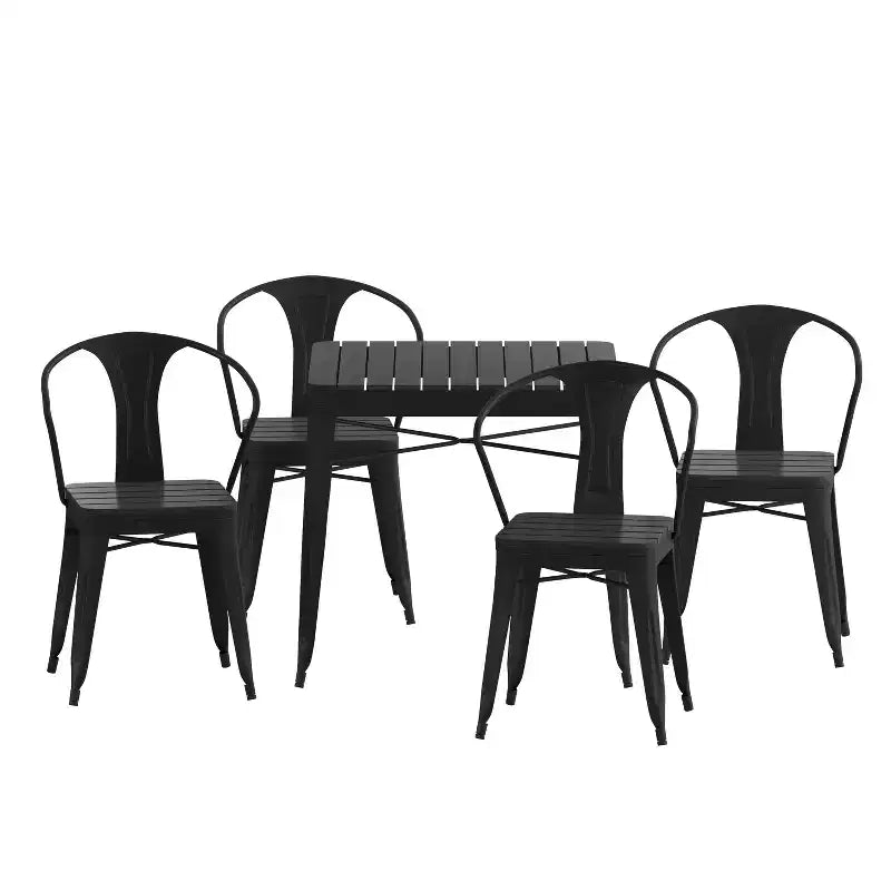 Flash Furniture Table carrée en résine toutes saisons et 4 chaises en métal avec assise en résine-noir