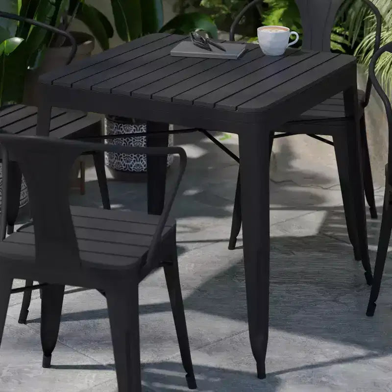 Flash Furniture Table carrée en résine toutes saisons et 4 chaises en métal avec assise en résine-noir