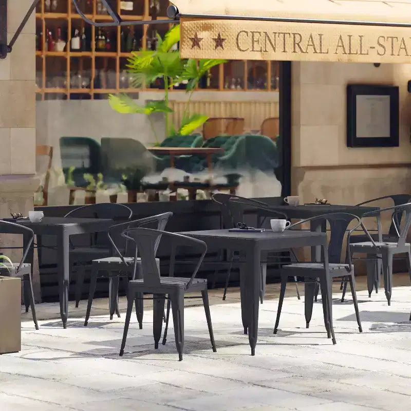 Flash Furniture Table carrée en résine toutes saisons et 4 chaises en métal avec assise en résine-noir