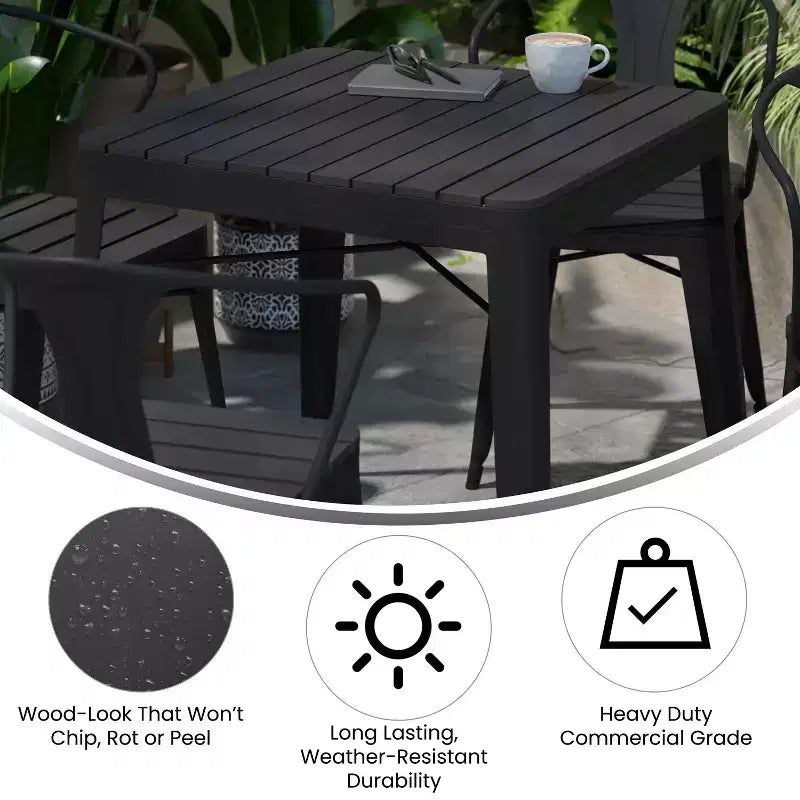 Flash Furniture Table carrée en résine toutes saisons et 4 chaises en métal avec assise en résine-noir