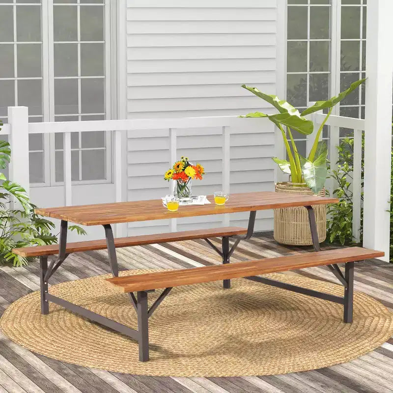 Ensemble banc de pique-nique en bois d'acacia Costway avec plateau de 180 cm et trou pour parasol de 5 cm