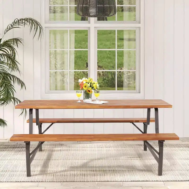 Ensemble banc de pique-nique en bois d'acacia Costway avec plateau de 180 cm et trou pour parasol de 5 cm