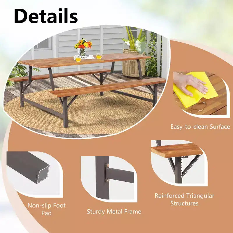 Ensemble banc de pique-nique en bois d'acacia Costway avec plateau de 180 cm et trou pour parasol de 5 cm