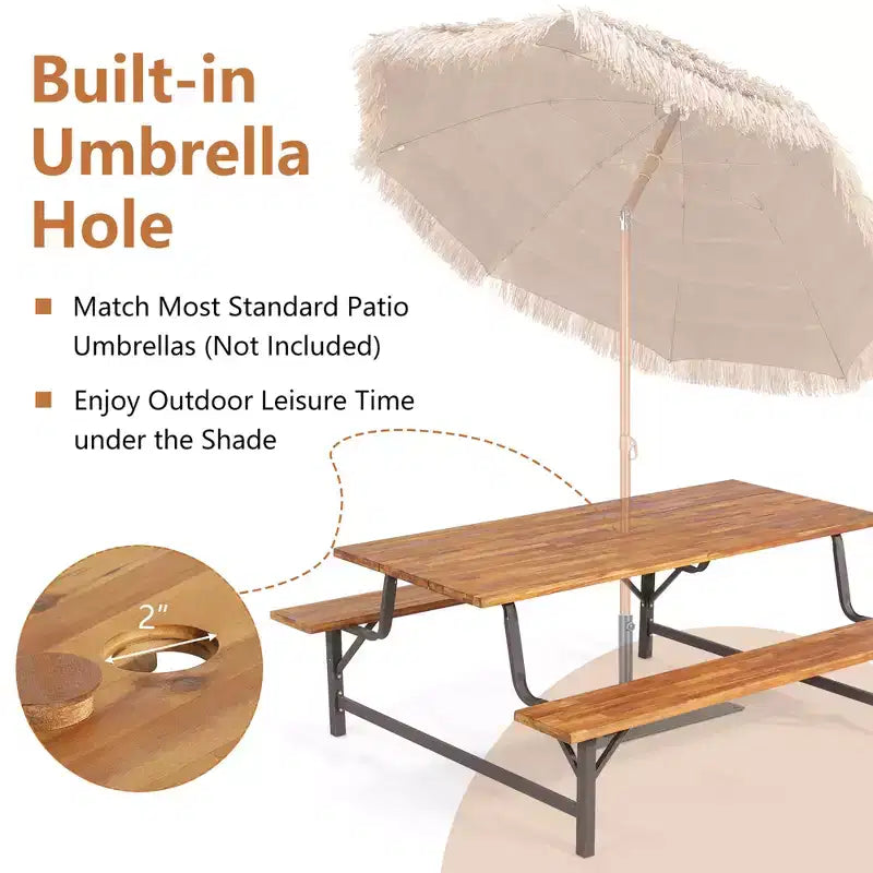 Ensemble banc de pique-nique en bois d'acacia Costway avec plateau de 180 cm et trou pour parasol de 5 cm