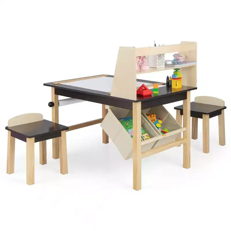 Costway Table et Chaises pour Enfants Bureau de Dessin en Bois avec Rouleau de Papier Étagère de Rangement Bacs