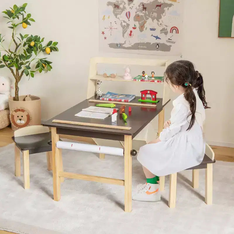 Costway Table et Chaises pour Enfants Bureau de Dessin en Bois avec Rouleau de Papier Étagère de Rangement Bacs