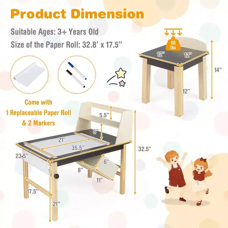Costway Table et Chaises pour Enfants Bureau de Dessin en Bois avec Rouleau de Papier Étagère de Rangement Bacs