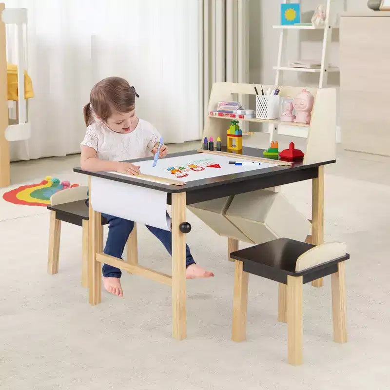 Costway Table et Chaises pour Enfants Bureau de Dessin en Bois avec Rouleau de Papier Étagère de Rangement Bacs