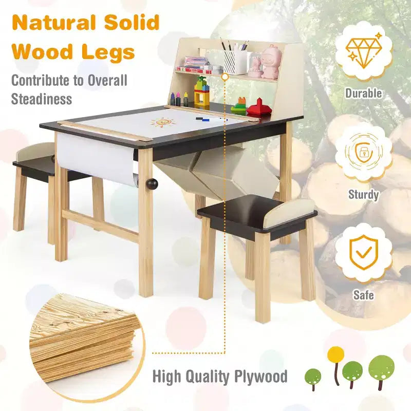Costway Table et Chaises pour Enfants Bureau de Dessin en Bois avec Rouleau de Papier Étagère de Rangement Bacs