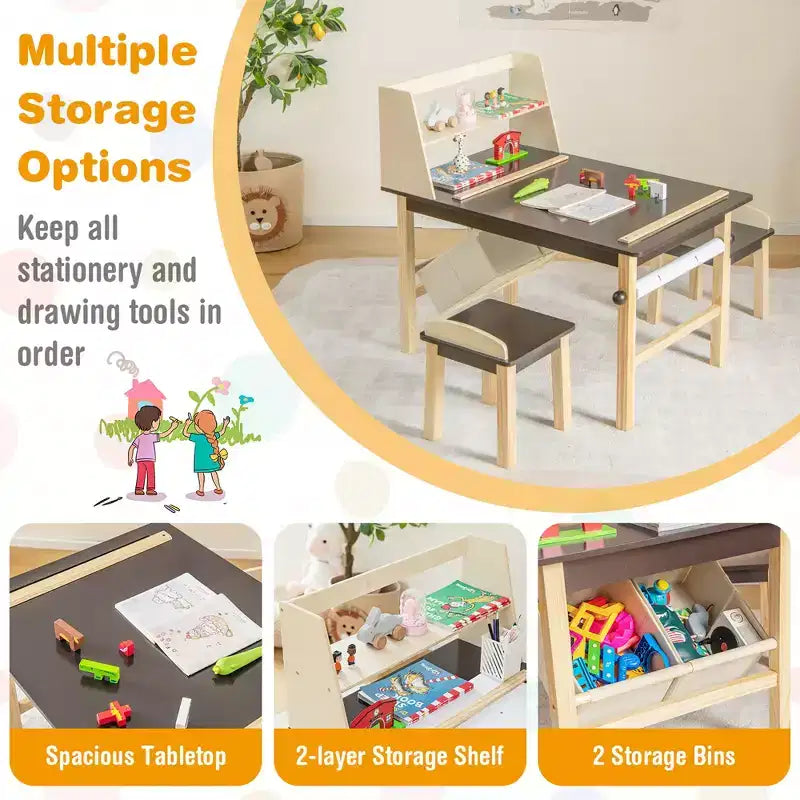 Costway Table et Chaises pour Enfants Bureau de Dessin en Bois avec Rouleau de Papier Étagère de Rangement Bacs