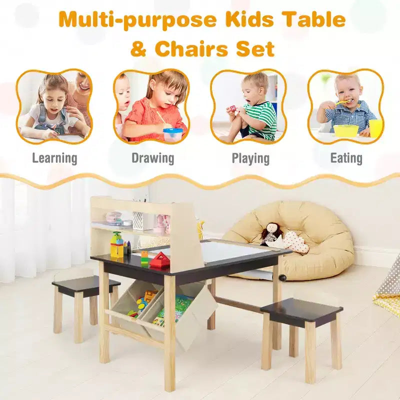 Costway Table et Chaises pour Enfants Bureau de Dessin en Bois avec Rouleau de Papier Étagère de Rangement Bacs