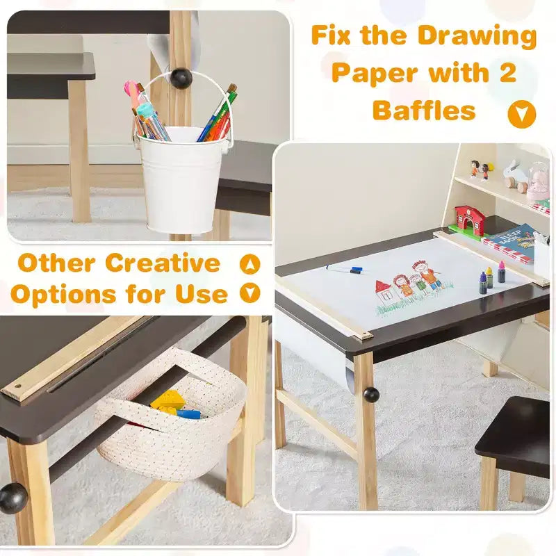 Costway Table et Chaises pour Enfants Bureau de Dessin en Bois avec Rouleau de Papier Étagère de Rangement Bacs