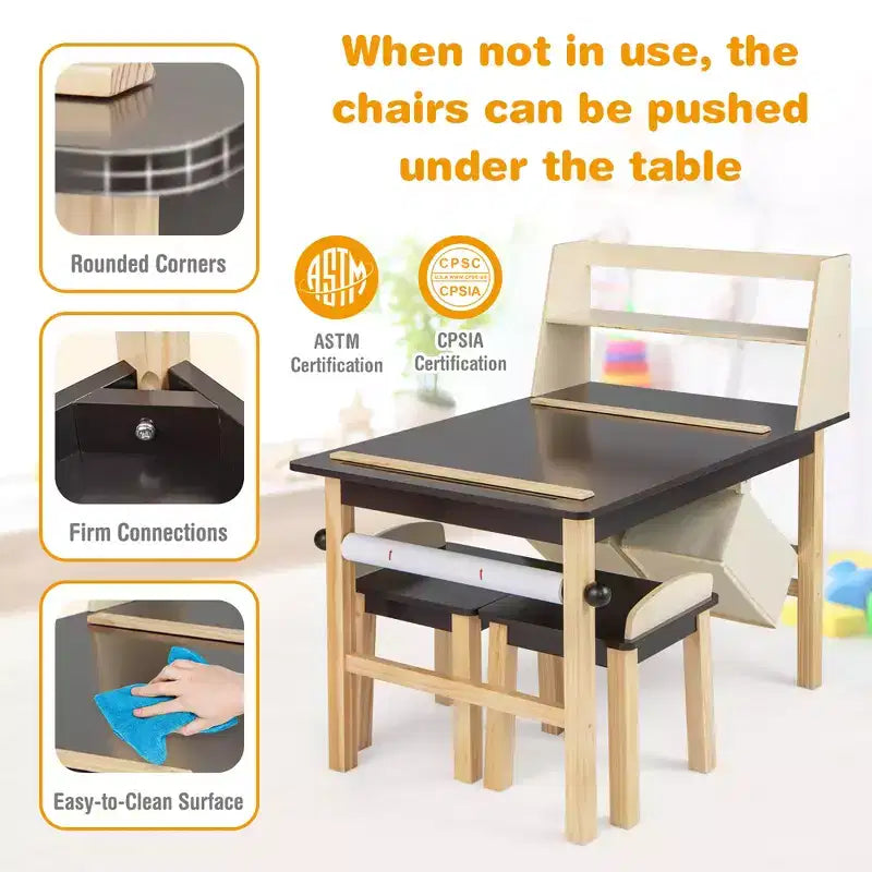 Costway Table et Chaises pour Enfants Bureau de Dessin en Bois avec Rouleau de Papier Étagère de Rangement Bacs