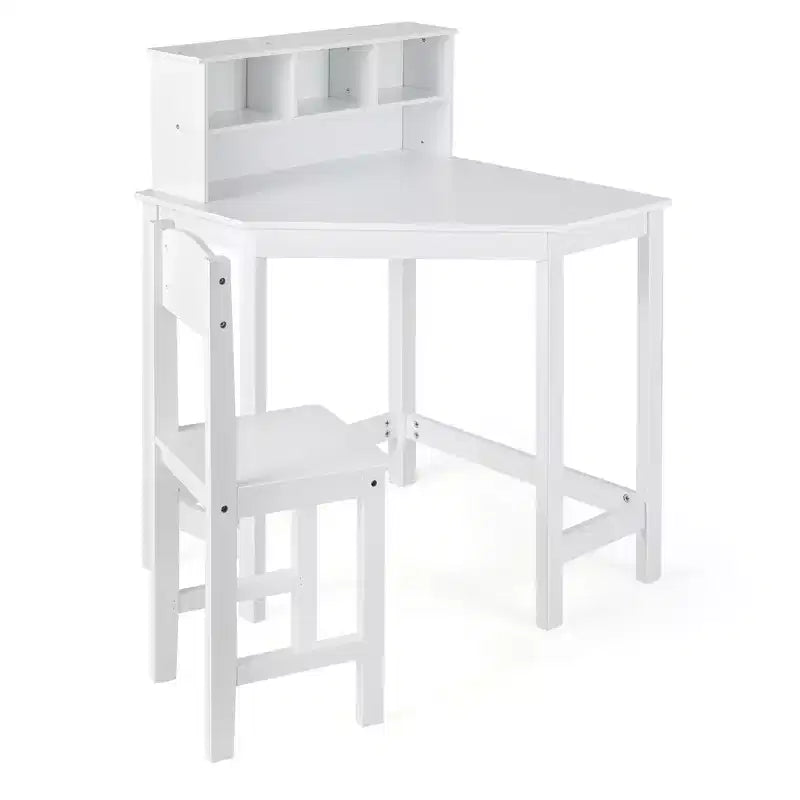 Costway Bureau et Chaise d'Angle pour Enfants, Ensemble de Travail en Bois avec Rangement et Étagère