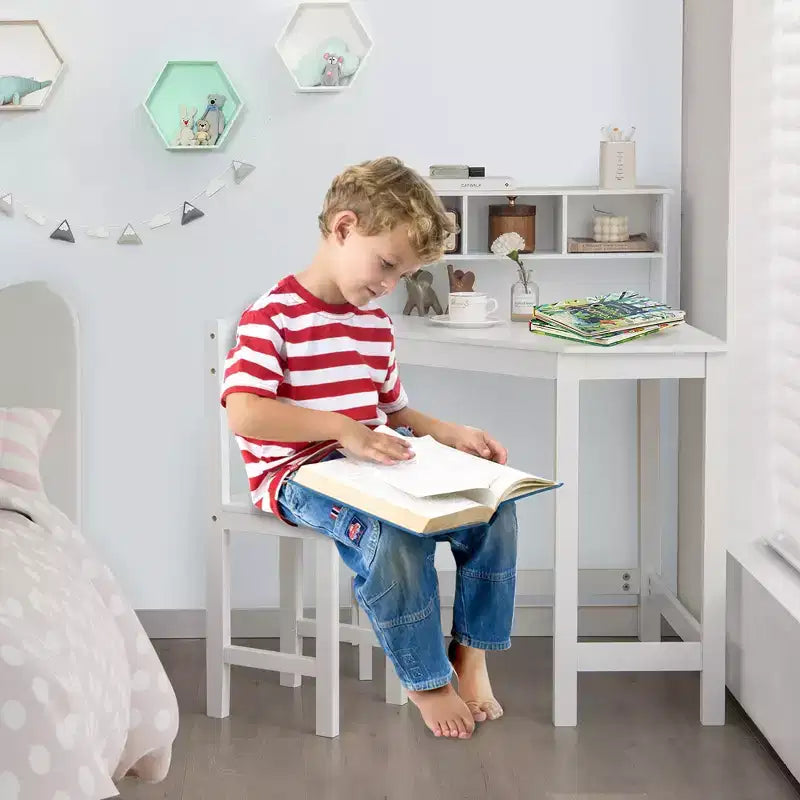 Costway Bureau et Chaise d'Angle pour Enfants, Ensemble de Travail en Bois avec Rangement et Étagère