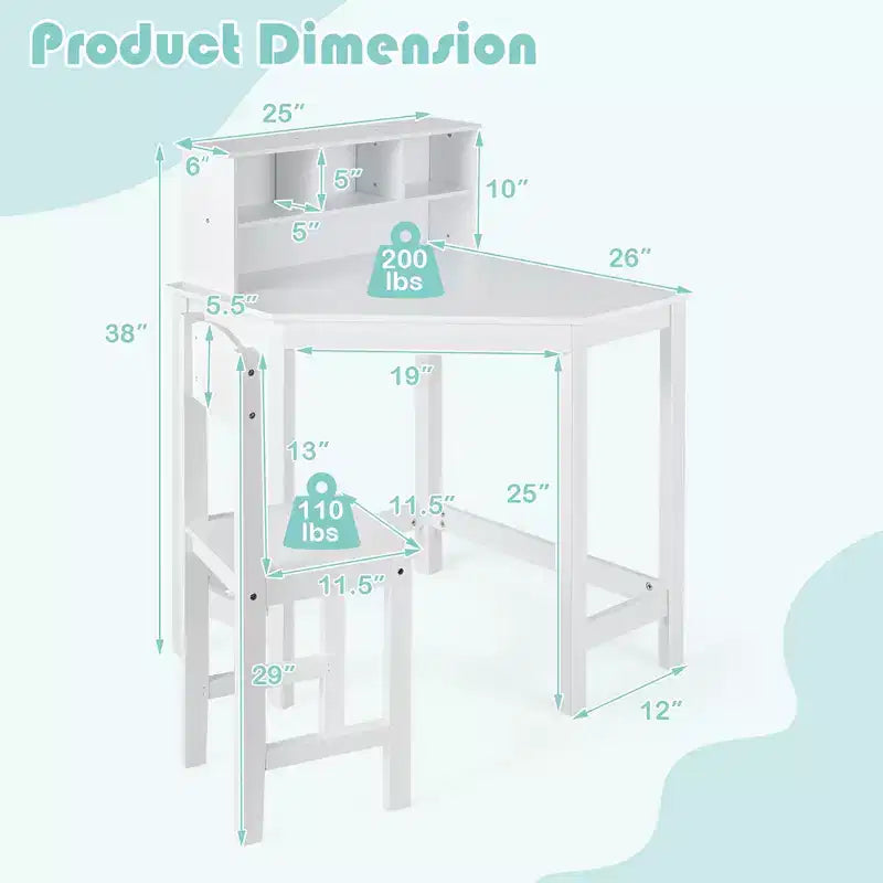 Costway Bureau et Chaise d'Angle pour Enfants, Ensemble de Travail en Bois avec Rangement et Étagère