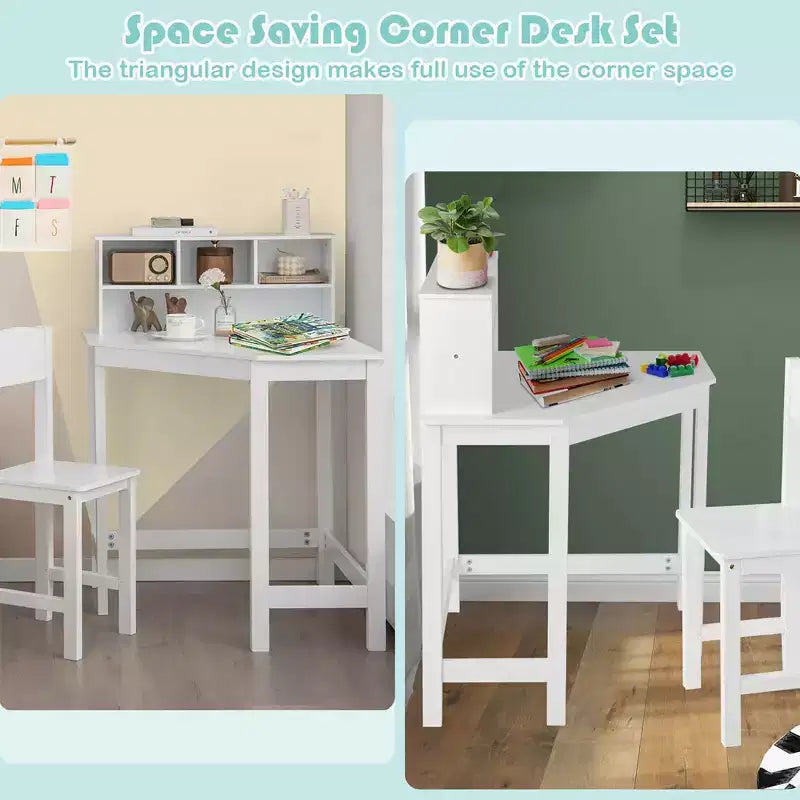 Costway Bureau et Chaise d'Angle pour Enfants, Ensemble de Travail en Bois avec Rangement et Étagère