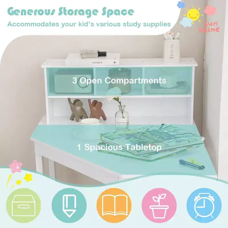 Costway Bureau et Chaise d'Angle pour Enfants, Ensemble de Travail en Bois avec Rangement et Étagère