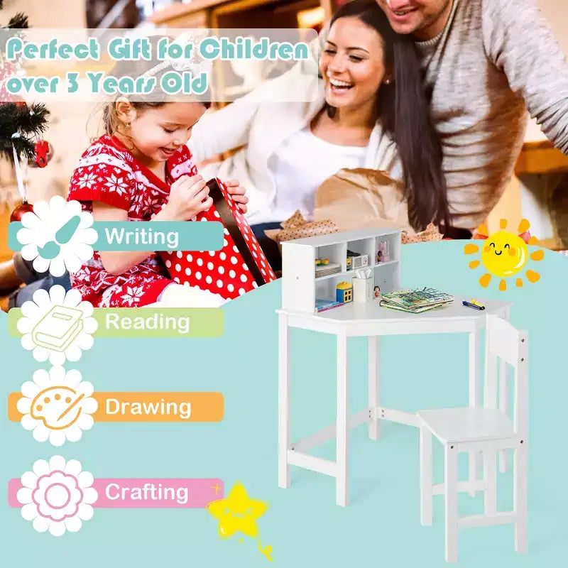 Costway Bureau et Chaise d'Angle pour Enfants, Ensemble de Travail en Bois avec Rangement et Étagère