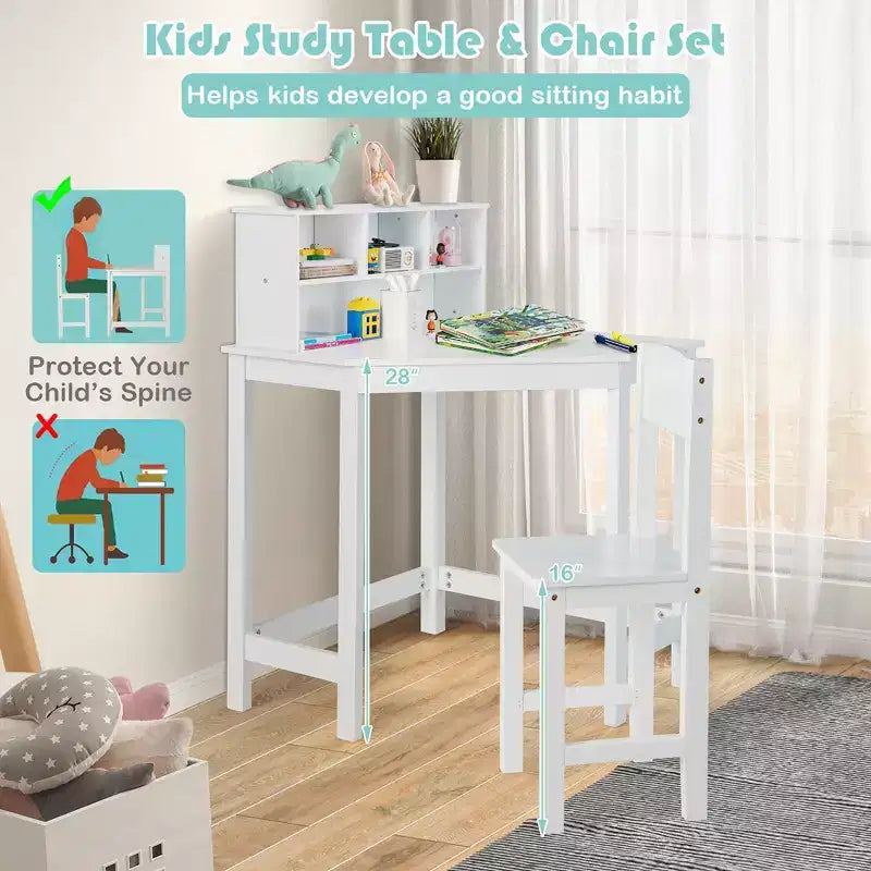 Costway Bureau et Chaise d'Angle pour Enfants, Ensemble de Travail en Bois avec Rangement et Étagère