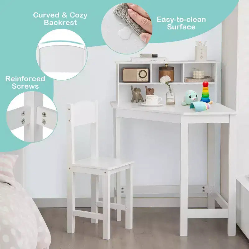 Costway Bureau et Chaise d'Angle pour Enfants, Ensemble de Travail en Bois avec Rangement et Étagère